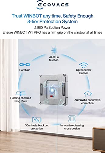 ECOVACS Winbot W1 Pro Window Cleaning Robot, Intelligent Cleaning with Dual Cross Water Spray Technology, Win SLAM 3.0 Path Planning, 2800Pa Suction Power, Edge Detection Technology, App Control,Grey