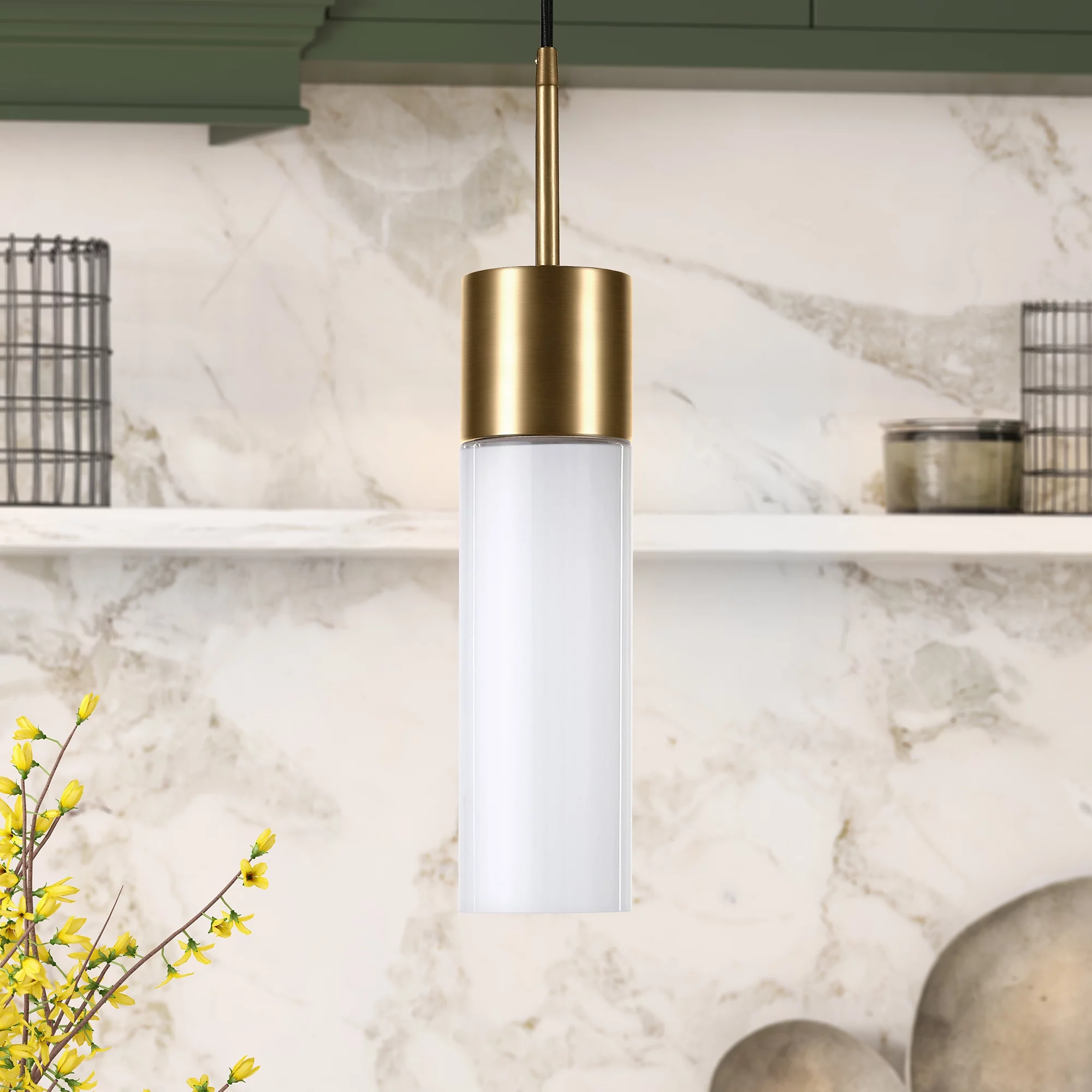 Evelyn&Zoe Industrial 1-Light Pendant in contemporary brass with milk white glass shade for, kitchen, dining room, living room, foyer
