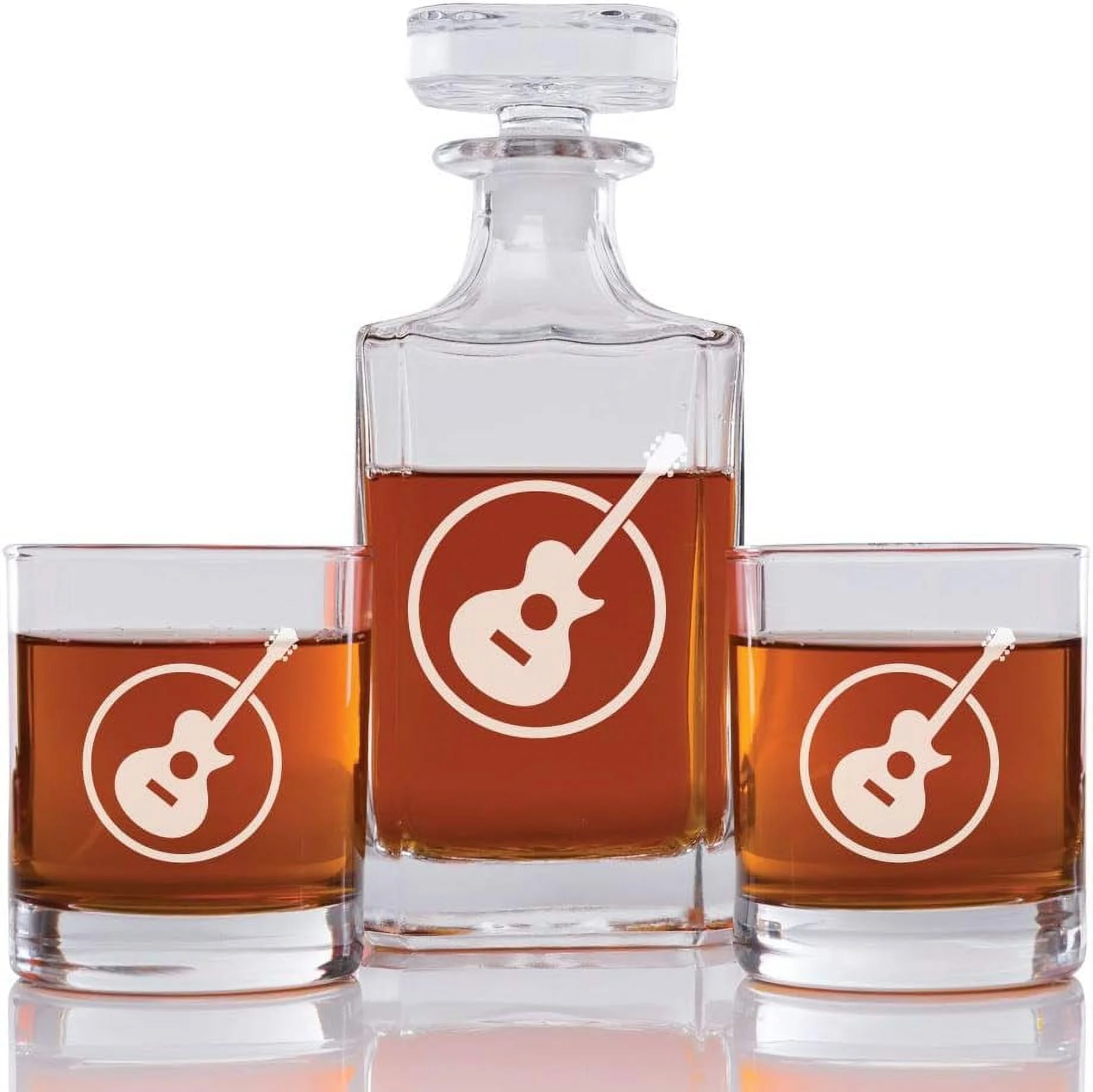 Abby Smith Guitar Design Engraved Decanter And Rock Glasses, Set Of 3