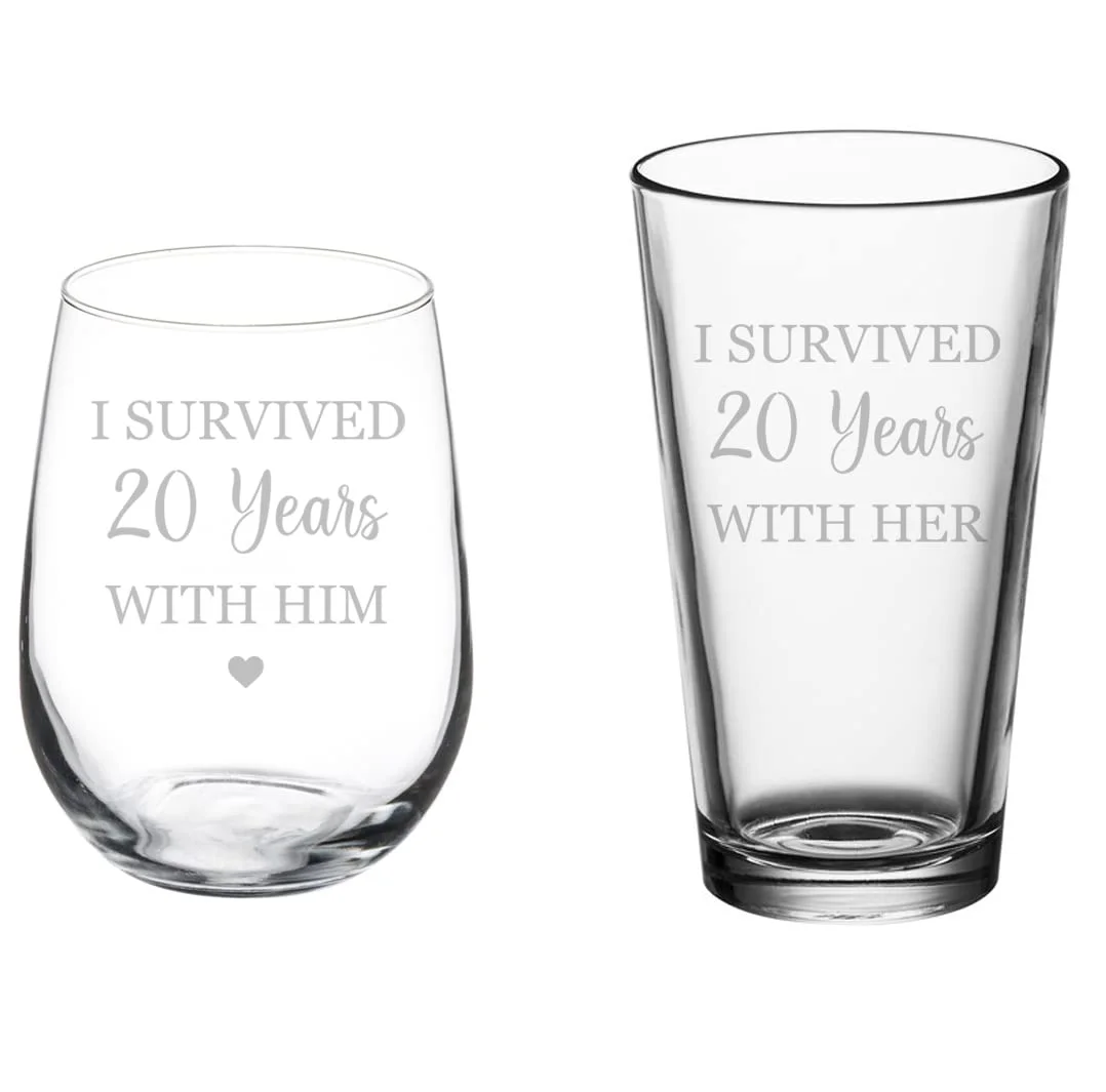 Set of 2 Glasses Stemless WINE & Beer PINT Glass Gift I Surived 20 Years 20th Anniversary