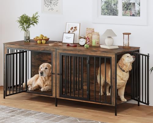 TAVATA 78 Inch Dog Crate Furniture for 2 Dogs, XXL Thick Double Dog Cage Furniture Large Breed, Heavy Duty Dog Kennel Indoor Crate for Large Dogs, Dog Crate TV Stand, Gray