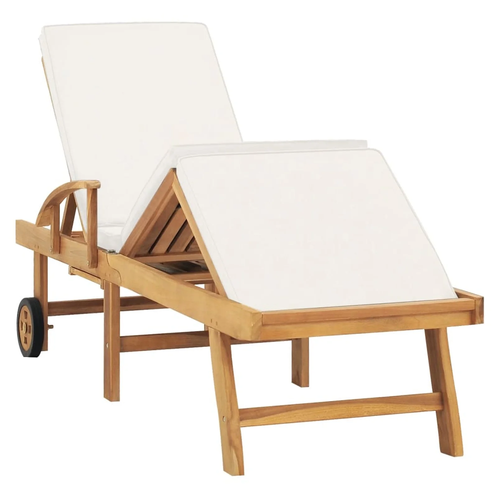 Anself Outdoor Sun Lounger with Sliding Table and Wheels Teak Wood Both Side Adjustable Chaise Lounge Chair Cream Cushioned Poolside, Backyard, Garden Furniture 76.8 x 23.4 x 13.8 Inches (L x W x H)