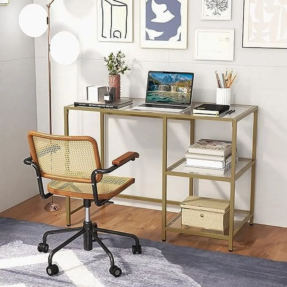 HJZBNONE Tempered Glass Computer Desk with 2-Tier  Shelves  Modern Computer Workstation  Vanity Makeup Table  Sturdy Metal Frame  Home Office Desk  Student Writing Study Desk (Gold)