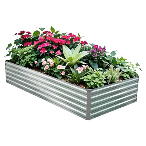 Raised Garden Bed 8x4x1.5FT Galvanized Raised Garden Beds Outdoor for Vegetables Gardening - Raised Flowers Bed 18inch Garden Bed Metal Deep Planter Raised Beds with Apron & Gloves-Galvanized