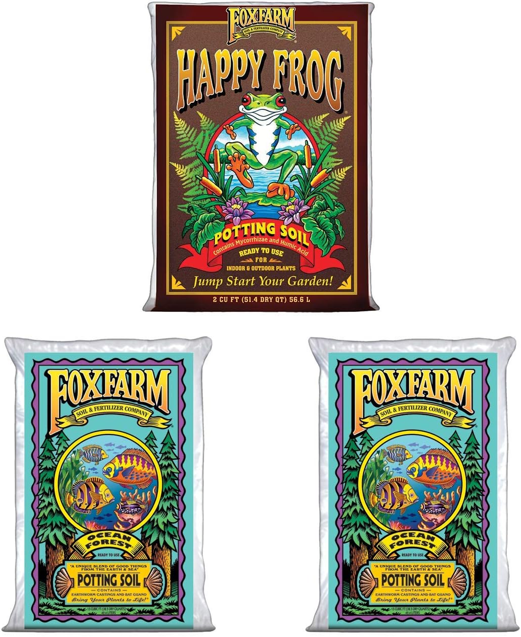 FoxFarm Ocean Forest Garden Soil Mix (2 Bags) and Happy Frog Organic Potting Soil Mix Bundle (1 Bag)