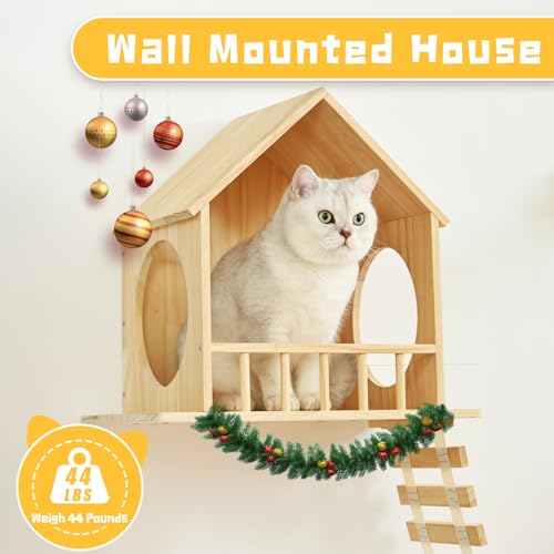 Cat Wall Shelves 9pc, Wall Mounted Cat Climbing Shelves, Wooden Cat Furniture with 2 Condo Houses, 3 Perches, 2 Bridge Ladders and 2 Scratching Posts