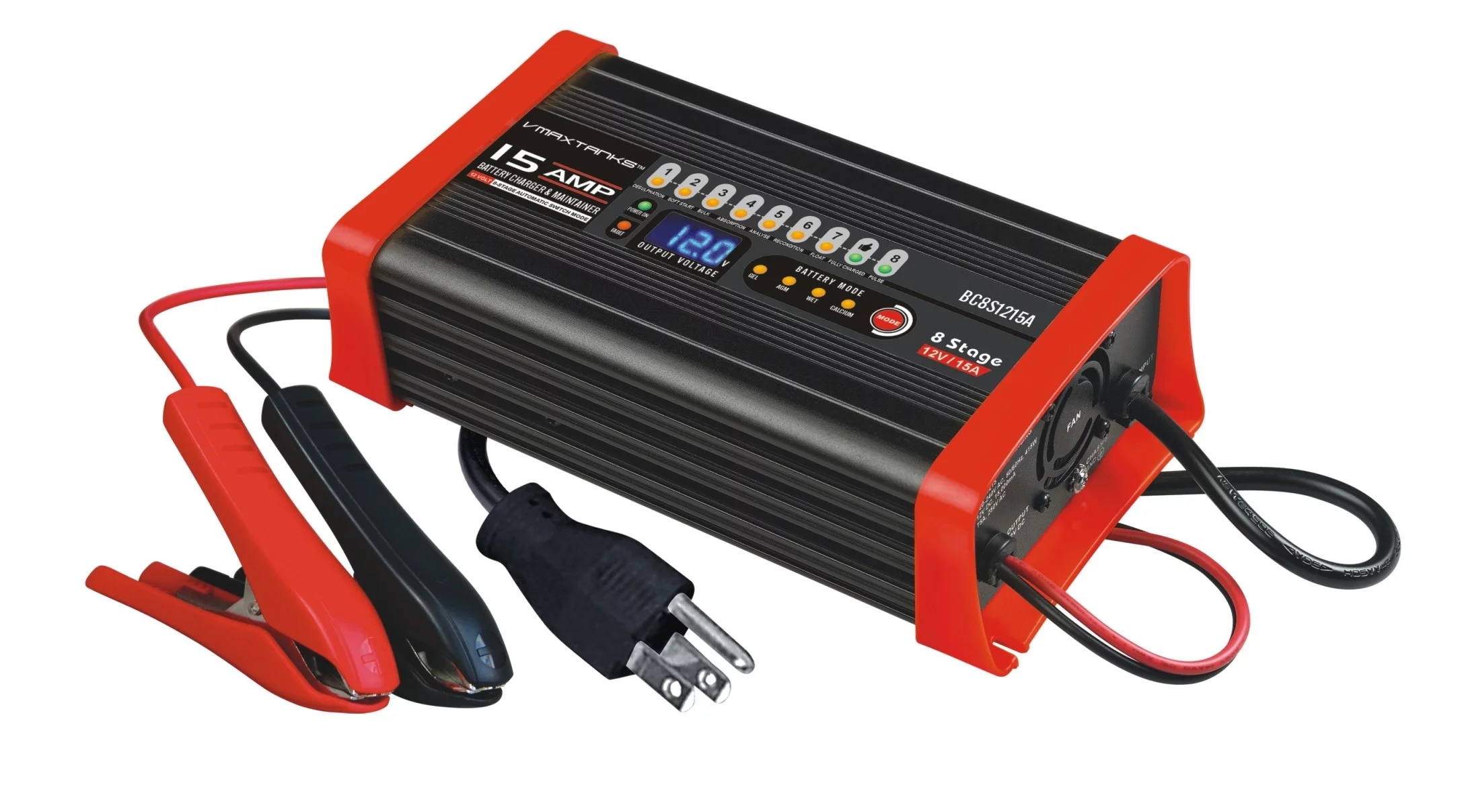 VMAXTANKS BC8S1215A 12V 15A 8 Stage Smart Charger: Compatible with Trojan, Exide, UB Optima, SLA, Gel or AGM 12V Batteries