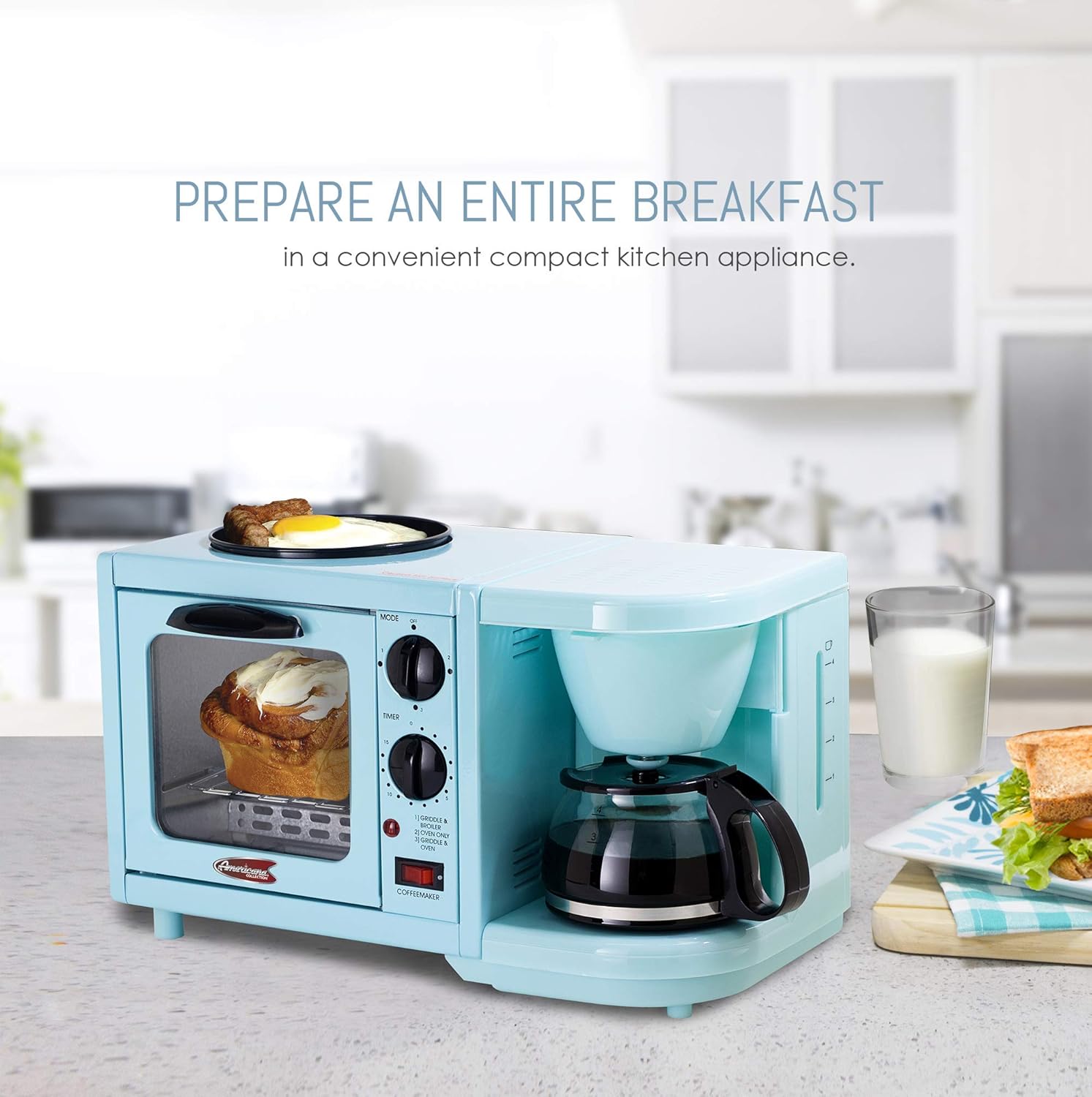 Americana EBK-200BL Retro Nostalgia 3-in-1 Breakfast Maker Station, 4 Cup Coffeemaker, Toaster Oven with Timer, Griddle, Aqua