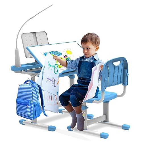BELANITAS Kids Desk and Chair Set 5-8 Year Old, Desk for Kids Room 8-12, Height-Adjustable Children Desk with 40-Degree Tilted Desktop, Kids Study Desk and Chair Set for School, Green