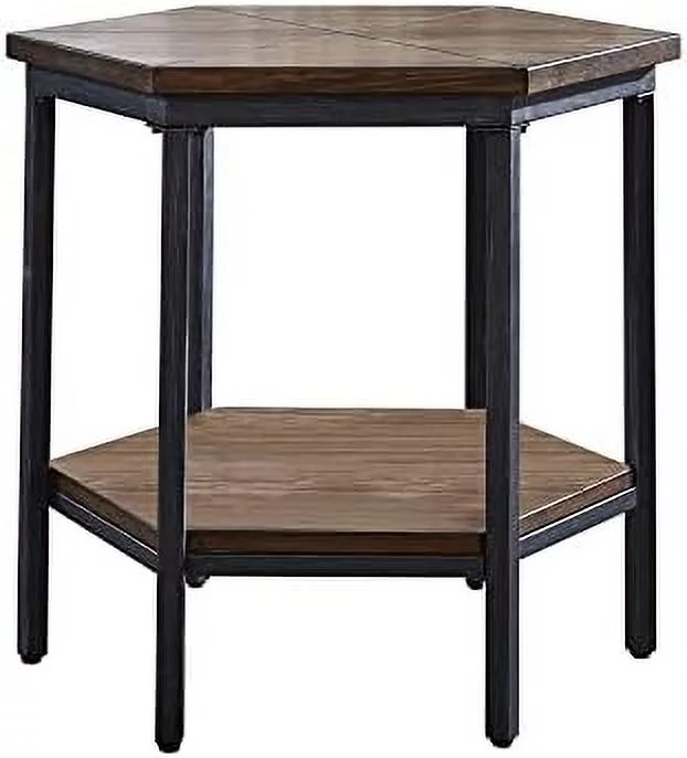 Mocha Hexagonal , Iron Base, And Unique Veneer Layup Design End Table