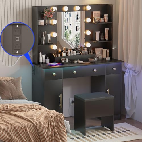 Vanity Desk with Mirror and Lights, White Vanity Mirror with Lights Desk and Chair & Charging Station, Makeup Vanity Desk with Lights for Women Bedroom 3 Color Modes Adjustable