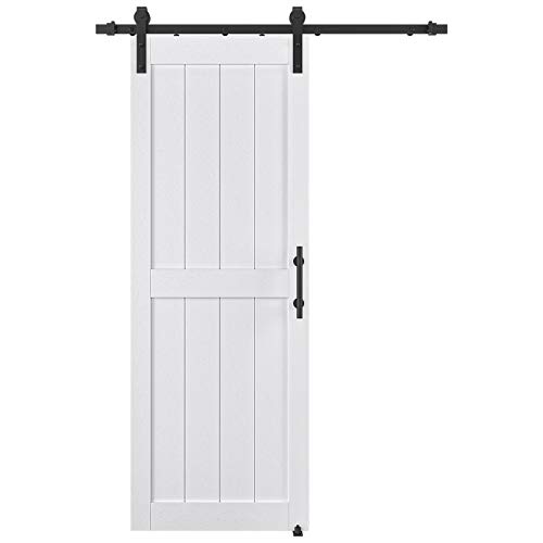 32in x 84in MDF Sliding Barn Door with 6ft Barn Door Hardware Kit & Handle, Pre-Drilled Holes Easy Assembly -Covered with Water-Proof PVC Surface, White, H-Frame