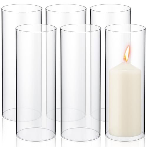 6 Sets Hurricane Candle Holder Sleeve with Pillar Candles Glass Open Ended Hurricane Candleholder Bottomless Glass Candle Cylinder Clear Chimney Shade Tube Cover for Home