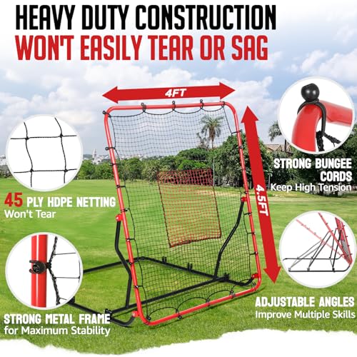 Baseball Rebounder Net, 3 Adjustable Angles 4x4.5FT Pitch Back Baseball Softball Volleyball Rebounder with 2 Strike Zones, UV Resistant, Pitchback Trainer for Ground, Line Drive & Fly Balls