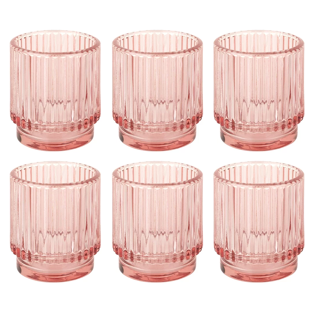 Koyal Wholesale Blush Pink Ribbed Glass Votive Candle Holders - Aesthetic Decor & Candle Holders Table Decor, Pack of 6
