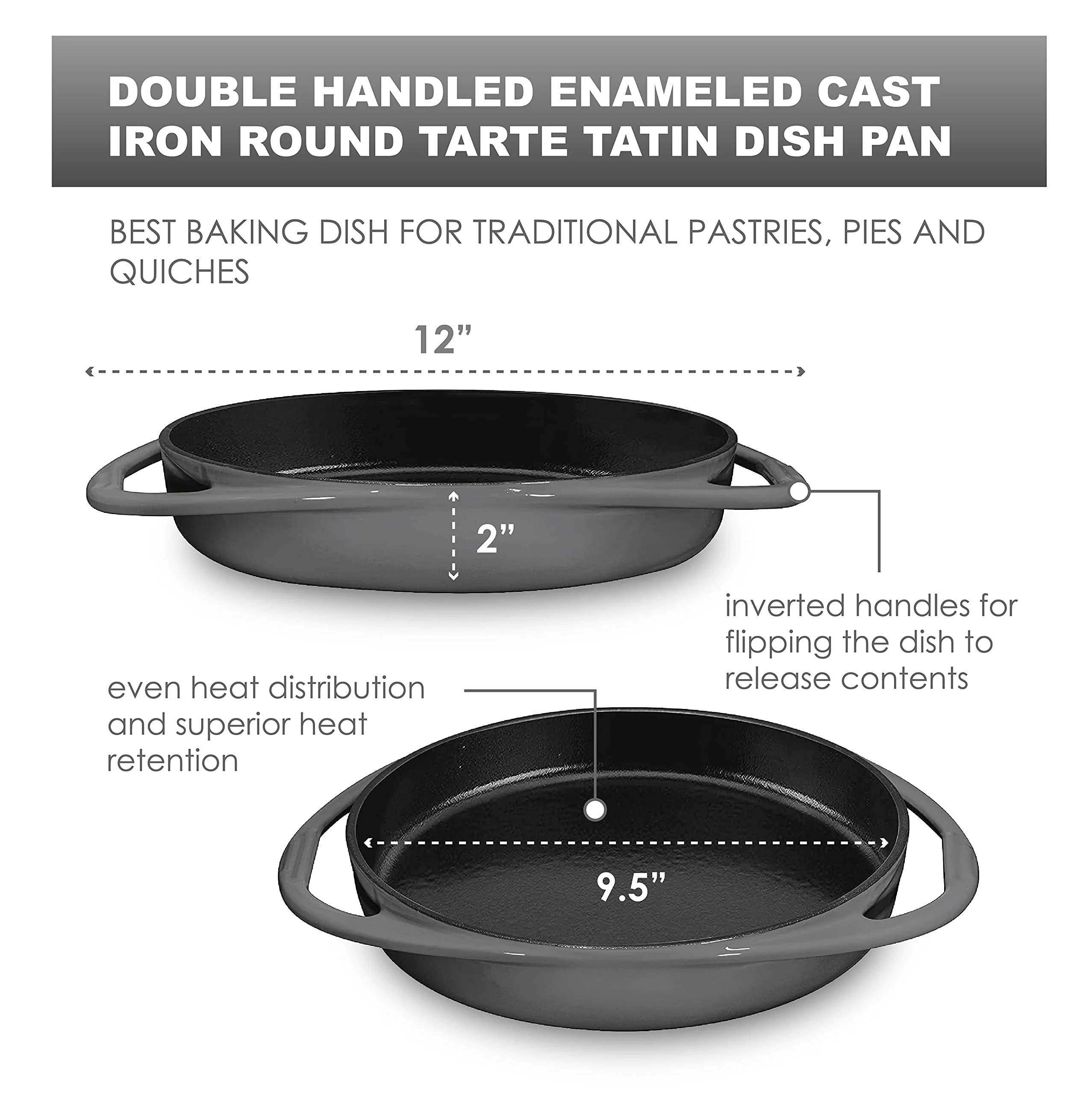 Bruntmor Pre-Seasoned Cast Iron Round Bakeware Pan Tarte Tatin Dish Pan Gray