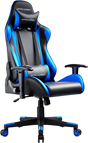 GTRACING Gaming Chair with Footrest, Ergonomic Computer Game Desk Chair, Recline Gaming Chair Seat Height Adjustment, Swivel Rocker with Headrest and Lumbar (Blue)