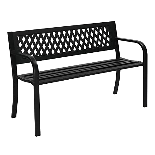 VINGLI Outdoor Metal Bench w/PVC Back - Black Garden Park Bench for Yard, Lawn, Decor, Deck, Entryway, Porch