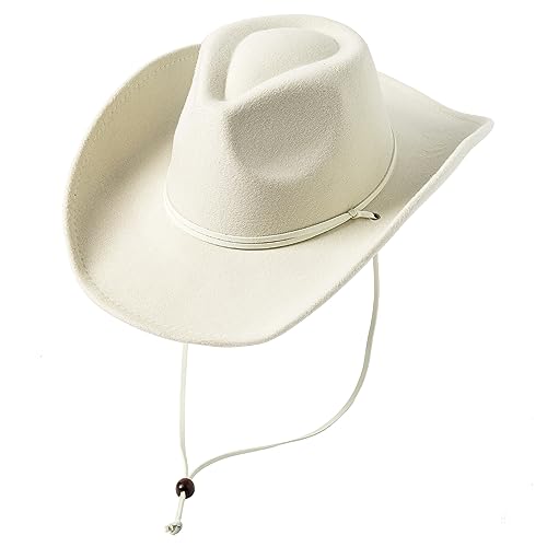 Lanzom Women Men Retro Felt Wide Brim Western Cowboy Cowgirl Hat Dress Up Hat with Wind Lanyard