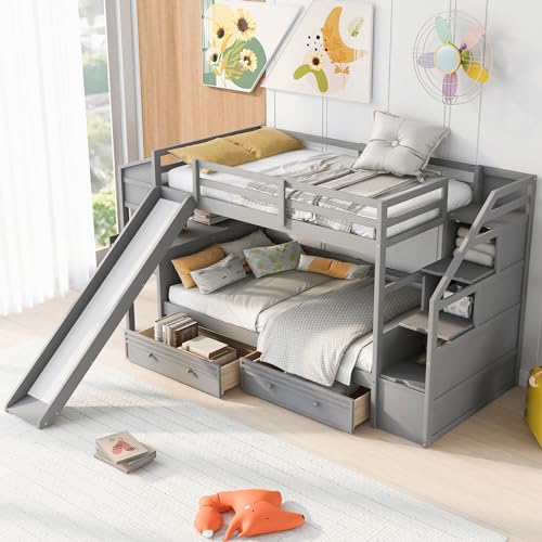 Twin Over Full Bunk Bed with Stairs and Slide, Solid Wood Bunk Bed Frame with Storage Drawers for Kids Girls Boys (White)