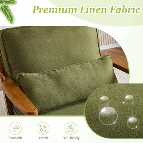 VINGLI Solid Wood Wide Armrests Accent Chair,Upholstered Mid Century Modern Chair with Pillow,Comfy Reading Chair Farmhouse Arm Chair,Chairs Living Room,Bedroom,Guest Room,Linen Fabric,Beige