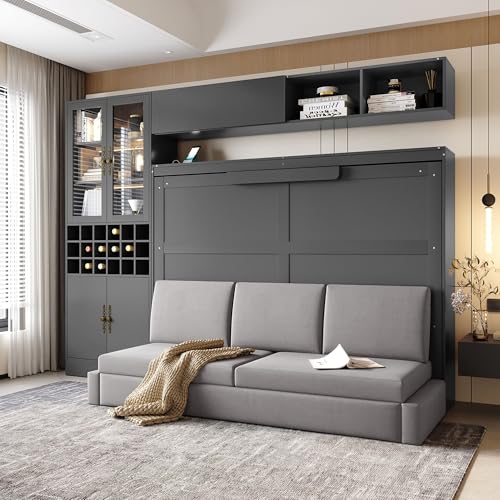 MERITLINE Queen Murphy Bed with Couch and Storage Shelves,Charging Station& LED Light,Wood Foldable Murphy Wall Bed Cabinet with Sofa and Storage Cabinet,Bookcase,Wine Rack (White)