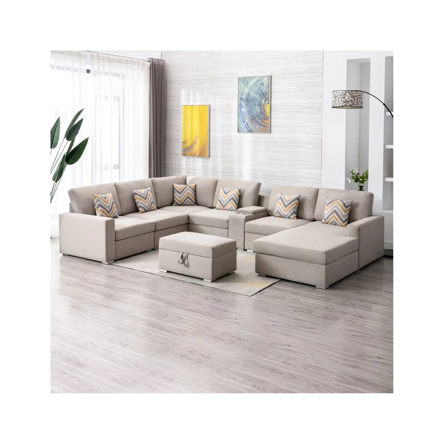 Homestock Asian Allure Linen Fabric 8Pc Reversible Chaise Sectional Sofa with Interchangeable Legs, Pillows, Storage Ottoman, and a USB, Charging Ports, Cupholders, Storage Console Table