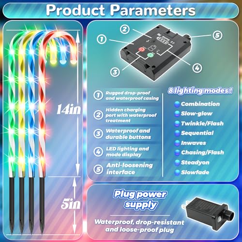 Anordsem Solar Christmas Decorations Outdoor: 24 Pack Candy Cane Pathway Stake Lights - 15