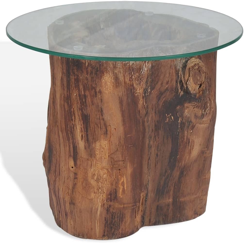 Teak Tree Stump Coffee Table, Natural Wood Side Table with Tempered Glass Top & Teak Base, Solid Wood Round Sofa Table, Tea Stand, Living Room