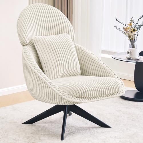 Furniliving Modern Living Room Chair, Swivel Accent Chair for Living Room Desk Chair with Arms Bedroom Chair with Headrest Sofa Chair Side Chair with Pillow Armchair,Corduroy, Grey