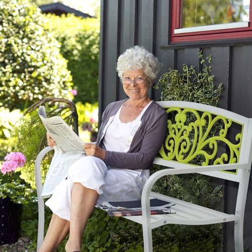 VINGLI Outdoor Bench for Patio Metal Garden Bench w/PVC Back Pattern, Black Park Benches Front Porch Benches for Yard Lawn Decor Deck Entryway (Floral)