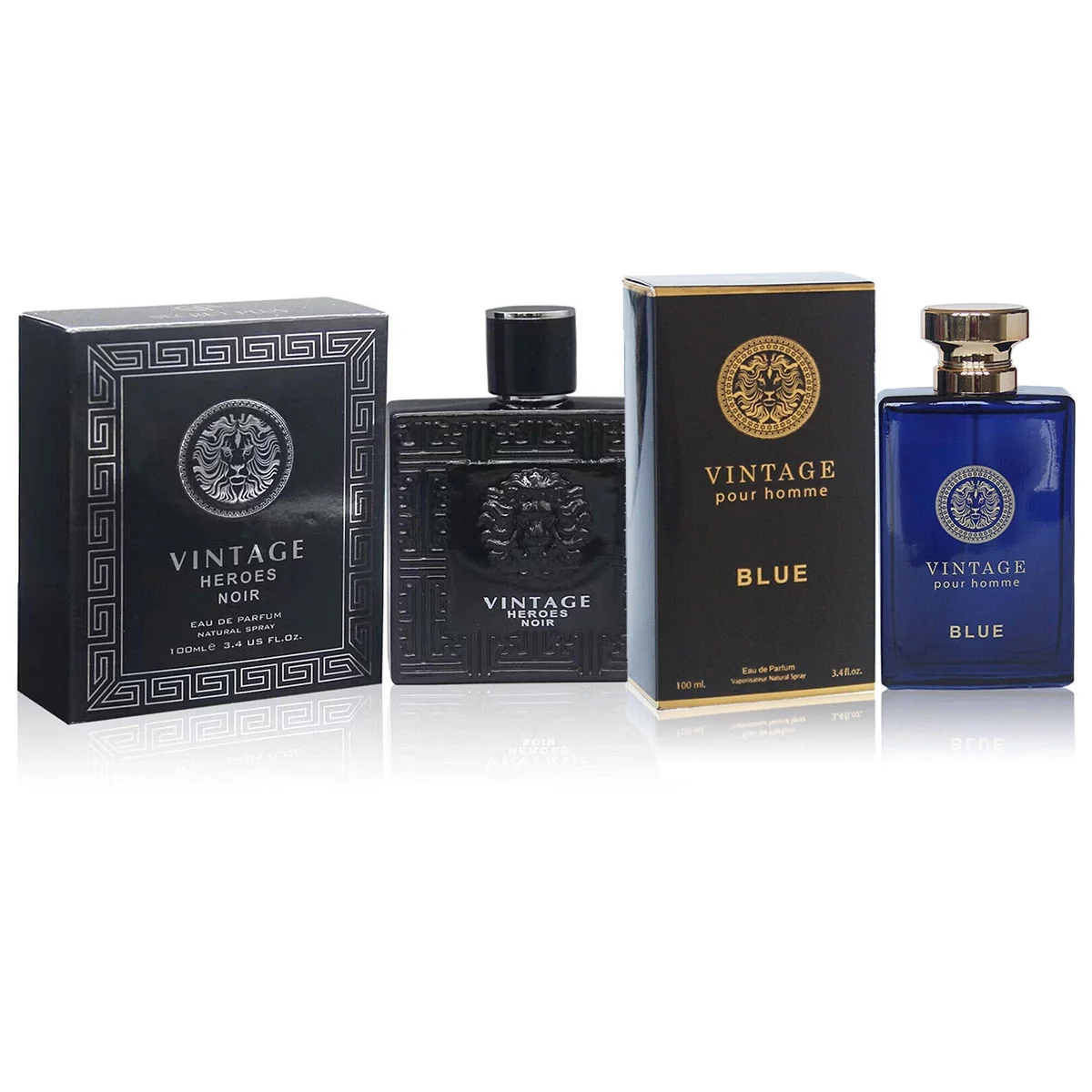 Secret Plus Vintage Heroes Noir and Vintage Blue Kit Cologne for Men / Eau de Parfum Natural Spray Vaporizateur 3.4 oz 100 ml / FL2397, FL1529, PMS-6057-KIT