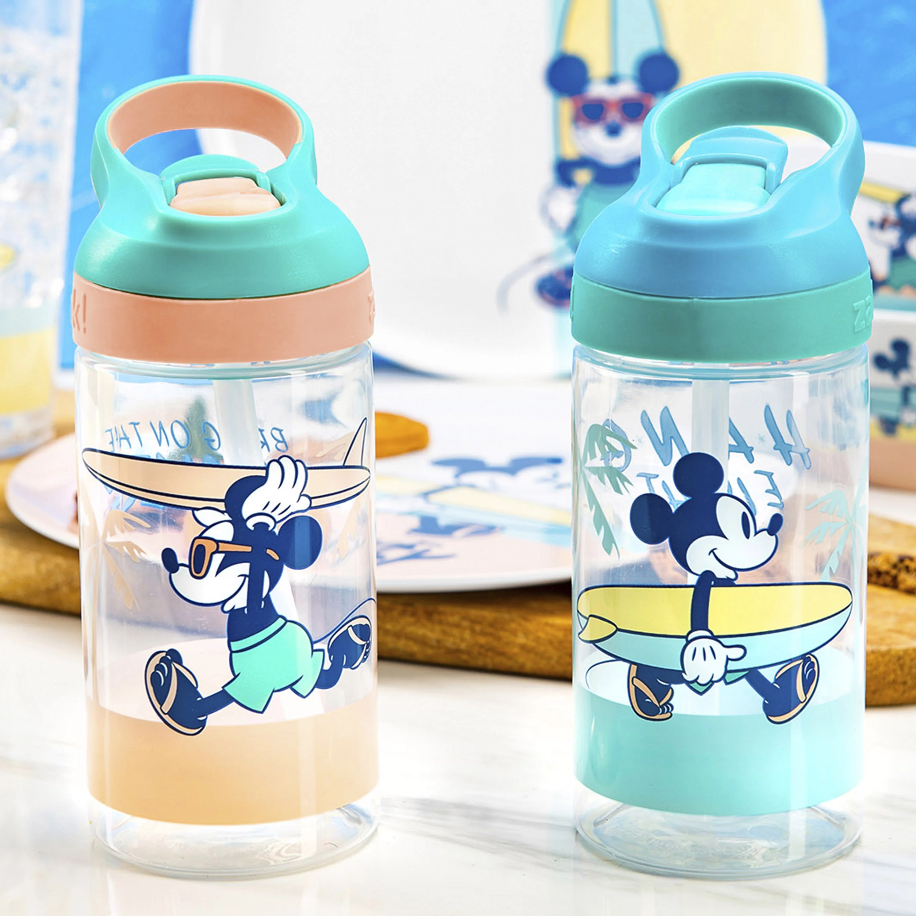 Zak Designs 2pc 16 oz Disney Kids Water Bottle Plastic with Flip Straw Spout Cover and Carry Handle, Disney Mickey Mouse Street Beach