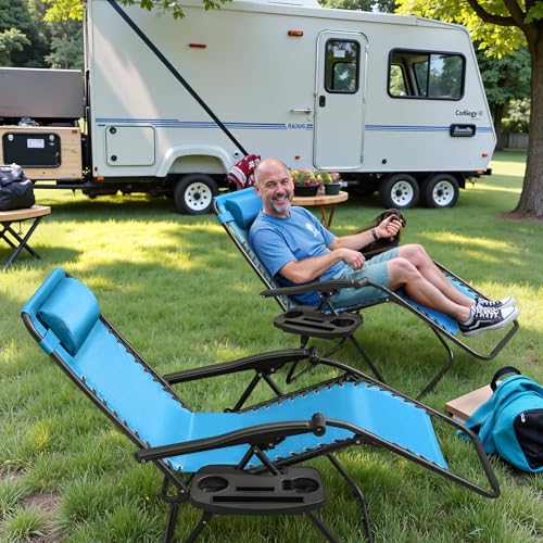 Greesum Zero Gravity Chairs Set of 2 Adjustable Steel Mesh Recliners Beach Deck Lawn Camping Patio Foldable Lounge Chair with Cup Holder Trays and Pillows,Brown