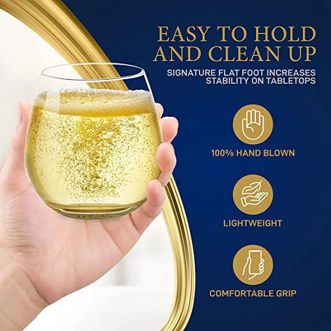 NutriChef 15oz Stemless Wine Glasses Set of 12 Ultra-Thin Elegant Wine Crystal Glass Drinkware