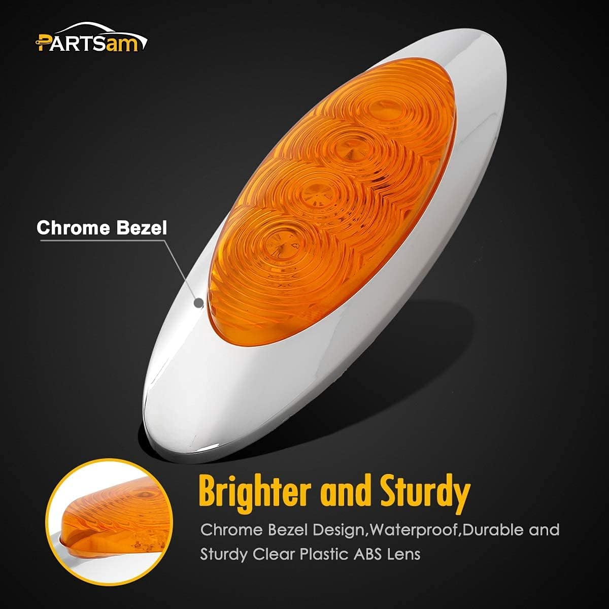 Partsam 10Pcs Amber Led Side Marker Lights Chrome Surface Mount with Bullet Plugs+5xSuper Bright Amber 17LED Cab Marker Roof Light Compatible with Peterbilt/Kenworth/Freightliner Led Marker Light