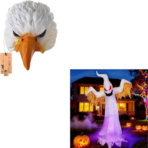 YU FENG Halloween Combo: Realistic Eagle Mask & Spooky Inflatable Ghost Decor