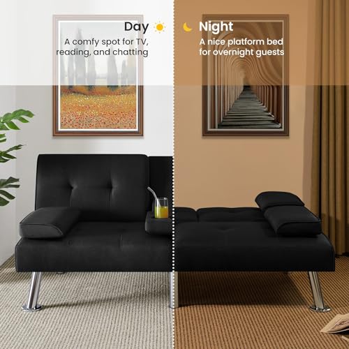 Yaheetech Convertible Sofa Bed Adjustable Fabric Couch Sleeper Modern Recliner Reversible Loveseat Folding Daybed Guest Bed, Removable Armrests, Cup Holders, 3 Angles, 772lb Capacity, Dark Gray