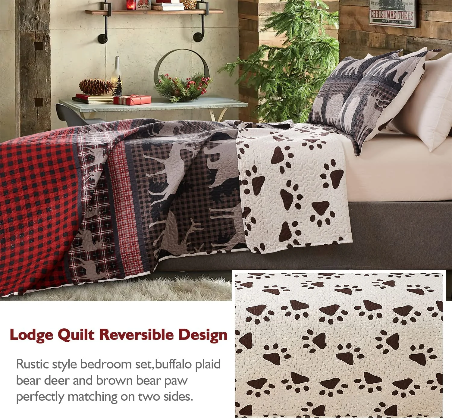 Jessy Home Deer Bear Quilt Queen Rustic Bedspread Red Black Microfiber Coverlet Set