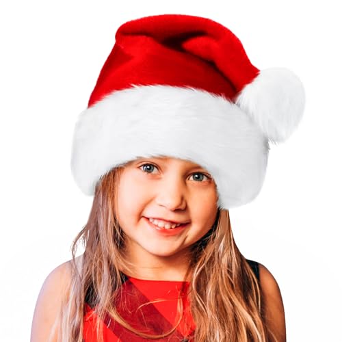 BOSONER Santa Hat,Xmas Holiday Hat for Kids,Unisex Velvet Comfort Christmas Hats Extra Thicken Classic Fur for Christmas New Year Festive Holiday Party Supplies