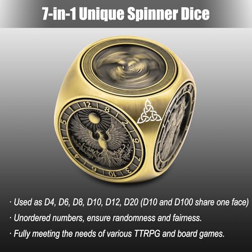 DND Spinner Dice, 7 in 1 Unique Metal Dice Set with 3D Relief for Dungeons and Dragons Gifts, Cool Polyhedral Role Playing Game Dice, Fantasy D&D Tabletop RPG Accessories for DM & Player (Silver)