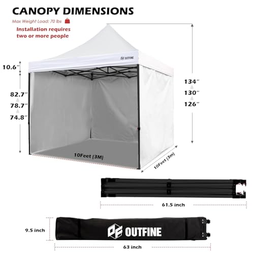 OUTFINE Heavy Duty Canopy 10x10 Pop Up Commercial Canopy Tent with 3 Side Walls Instant Shade, Bonus Upgrade Roller Bag, 4 Weight Bags, Stakes and Ropes (White, 10 * 10FT)