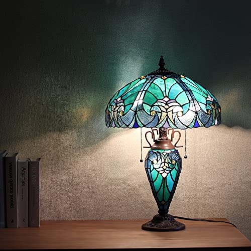 Tiffany Table Lamp with Night Light 16 inch Large Stained Glass Table Light Victorian Style Sea Green Antique 3 Light Desk Lamp for Living Room Bedroom Office