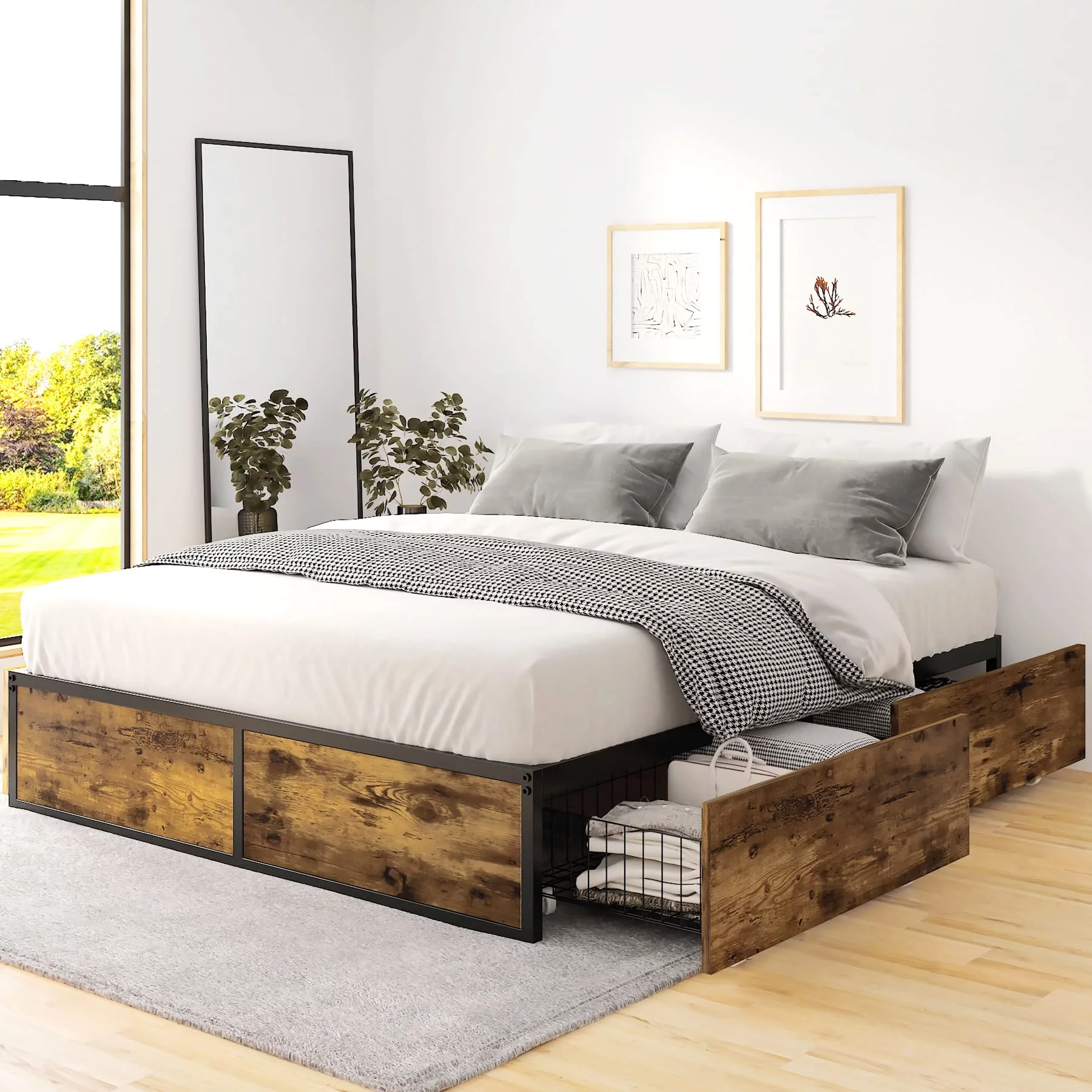Einfach Queen Platform Bed with 4 XL Drawers, Industrial Design, Brown