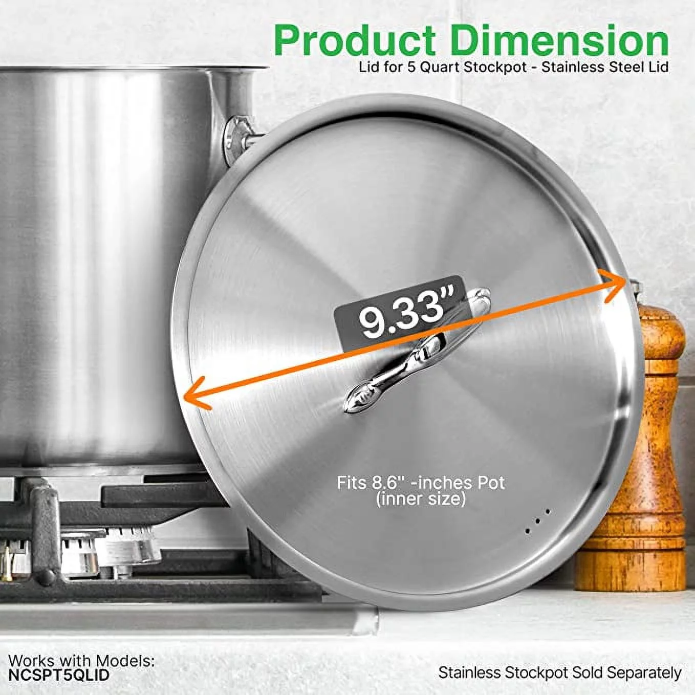 NutriChef Lid for 5-Quart Stockpot - Stainless Steel Kitchen Cookware Cover with Handle