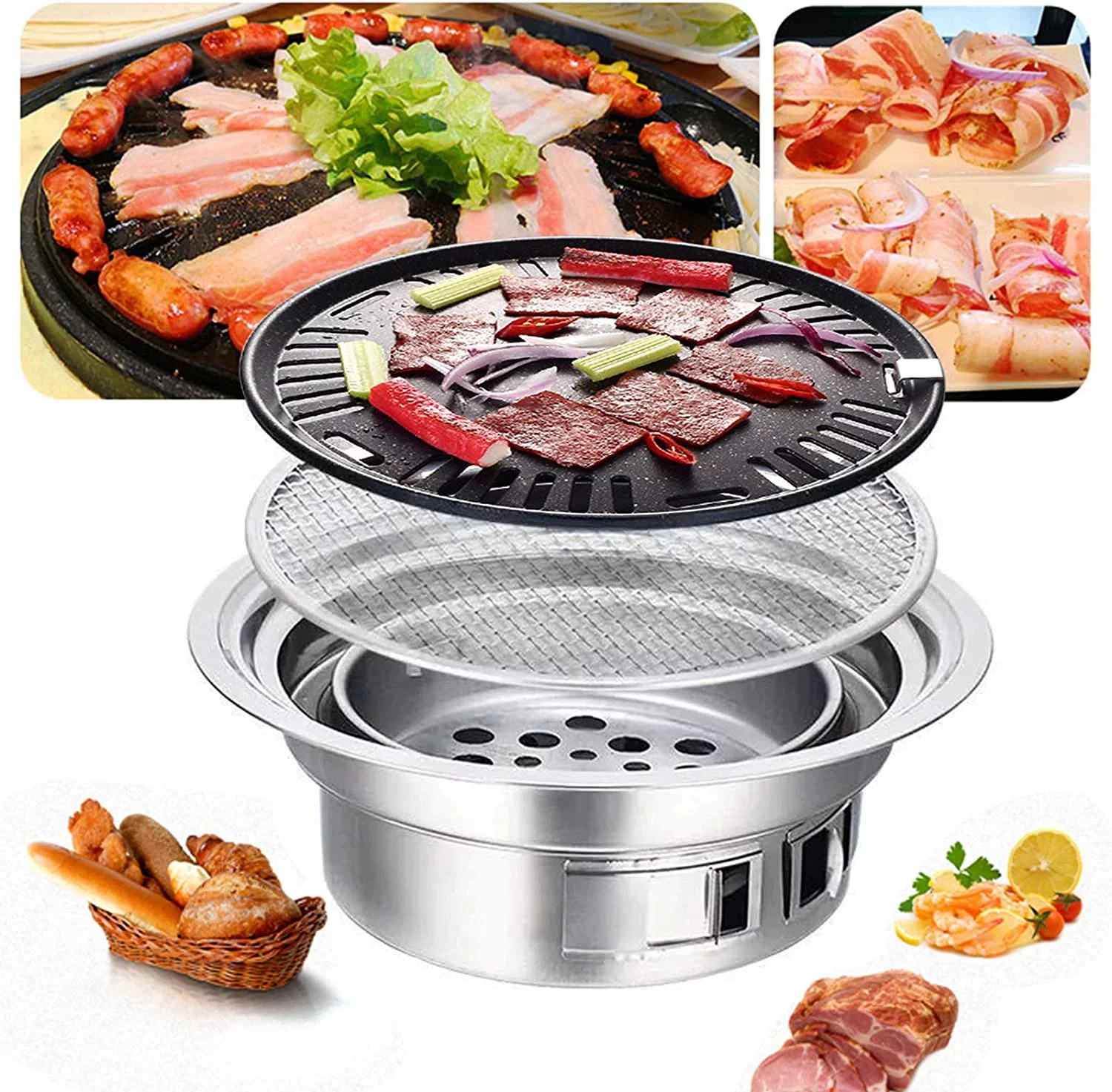 40cm Round BBQ Charcoal Grill Barbecue Stove Non-stick Portable Yard Cooker Stainless Steel