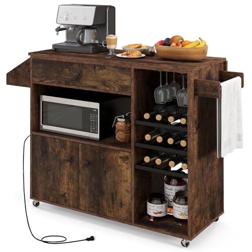 GOFLAME Kitchen Island Cart with Drop-Leaf & Power Outlet, Rolling Kitchen Cart on Wheels with Microwave Shelf, Wine Rack, Glass Holder, Towel Rack, Spice Rack, Drawer & Storage Cabinet, Rustic Brown