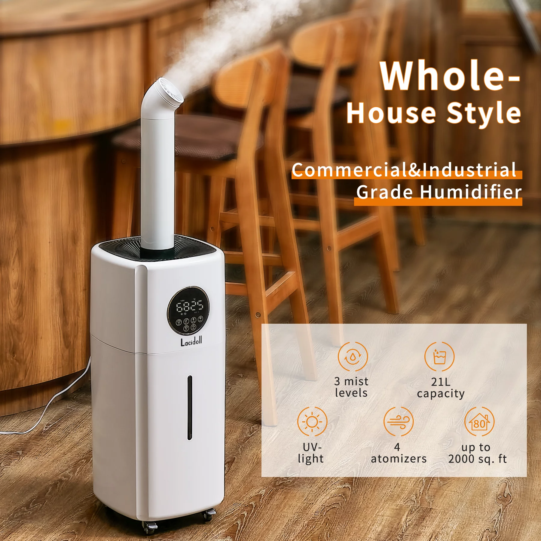 Large Humidifiers Whole-House Style Industrial Humidifier 2000 sq.ft, 5.5Gal Plant Humidifier Cool Mist Top Fill Humidifier 21L 2000ML/H Dual 360 Nozzles 3