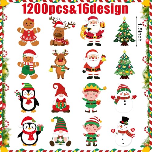 1200 Pcs Christmas Stickers Roll 1.5 Inch Xmas Self Adhesive Sticker Decals 16 Designs Santa Claus Snowman Gingerbread Label Tag Seal Stickers for Christmas Holiday Party Gift Envelopes Supplies