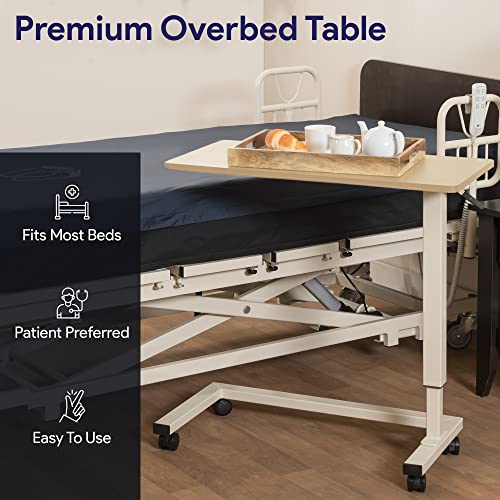 Medacure Hospital Bed Table, Light Oak - Overbed Table with Wheels & Adjustable Height - Food, Laptop, and Reading Overbed Desk - 50lb Capacity Over The Bed Table